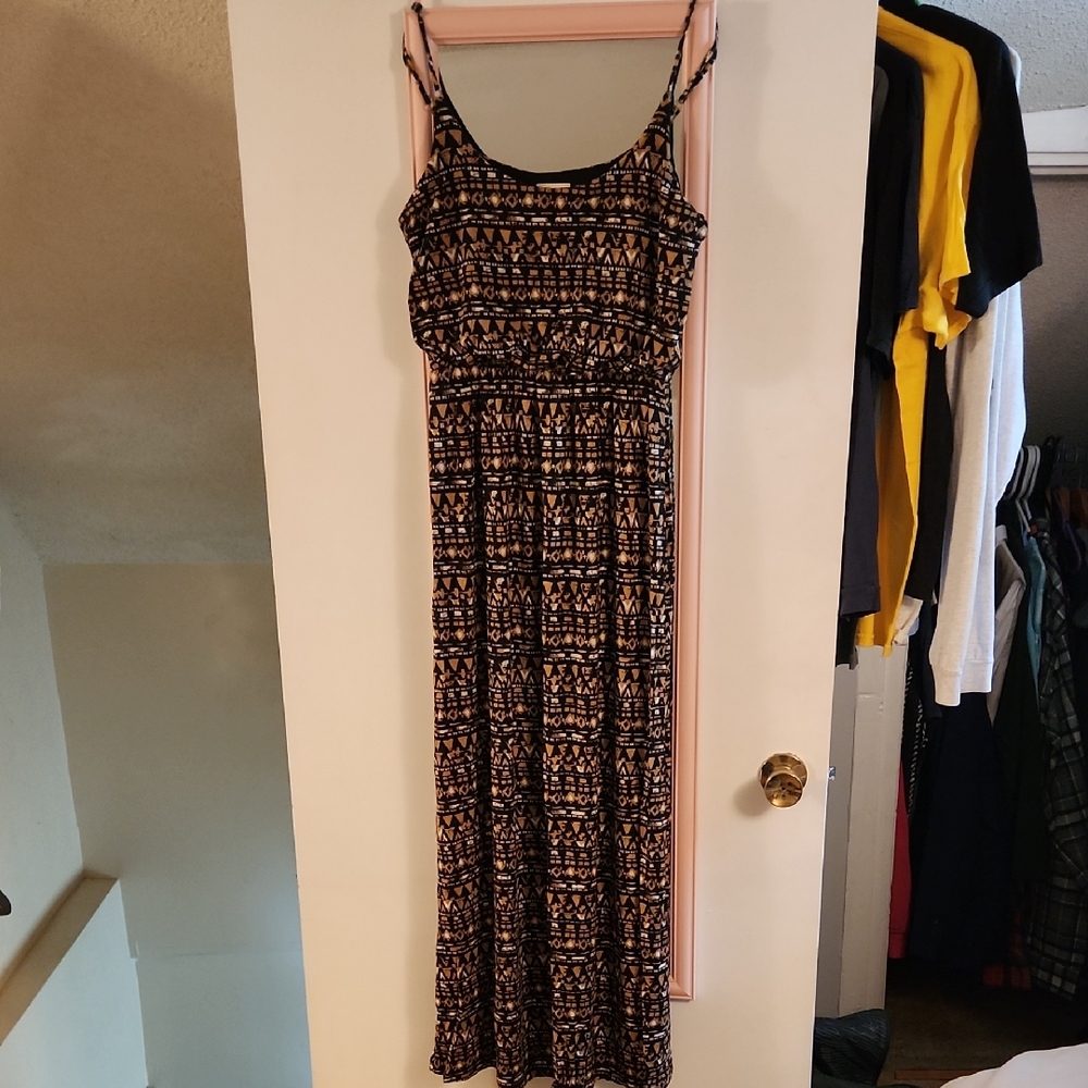 Self Esteem Black and Tan Ruched Smocked Maxi Dress